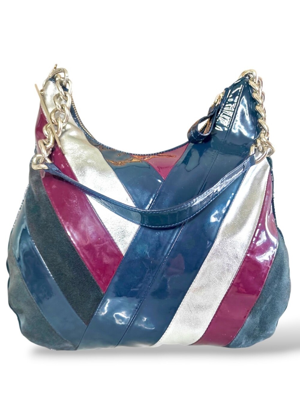Goldenbleu Vintage Patchwork Hobo Bag in Black, Navy, Burgundy & Metallic Silver